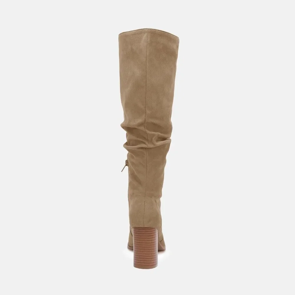 Women's Khaki Chunky High Heel Square Zipper Wide Calf Knee High Boots